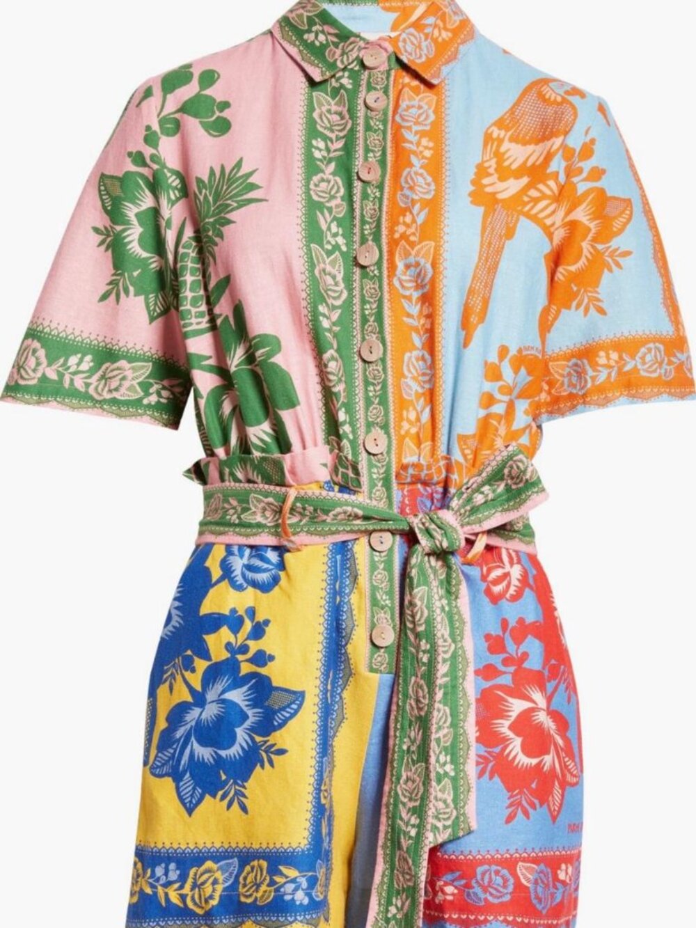 FARM Rio Lace Garden Mixed Scarf Print Tie Belt Linen Blend Romper